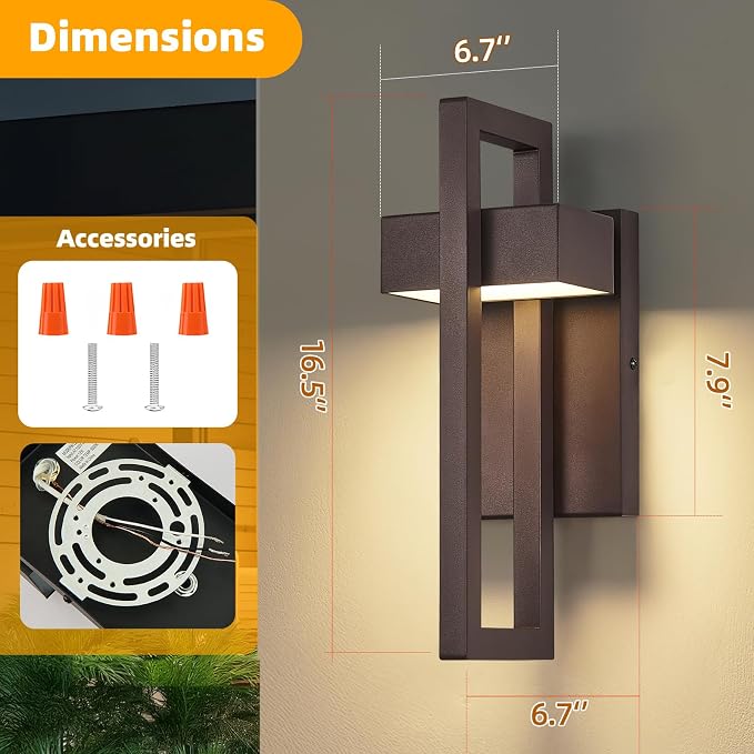 16.5'' Modern LED Outdoor Wall Sconce, Integrated LED Outdoor Light Fixtures Wall Mount Exterior Lights, Brown Front Porch Outside Lighting for House, Backyard, Warm White 3000K, 2 Pack