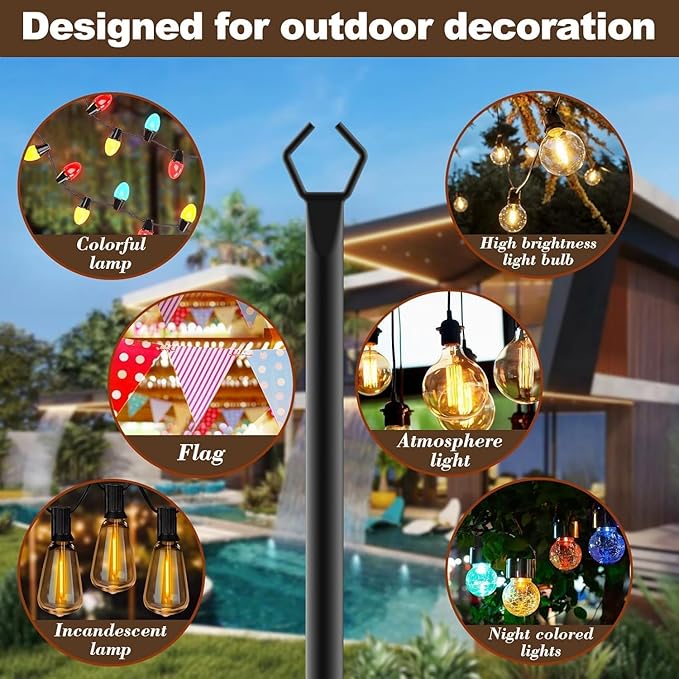 10Ft Exterior Light Poles 10 Pack, Durable Metal String Light Posts for Outdoor Use, Equipped with Fixed Brackets for Yard, Terrace, Backyard and Garden Lighting Decor