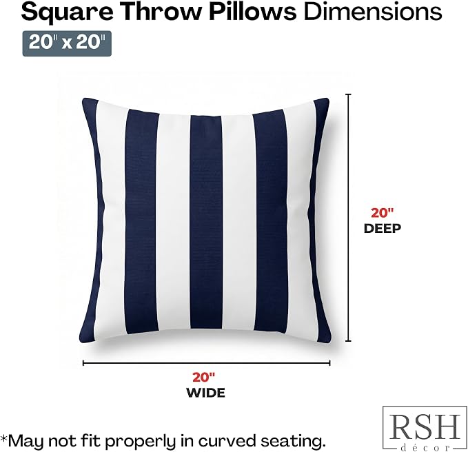 RSH DECOR: Sunbrella Square Throw Pillows Set of 2 | 20" x 20" | Water & Fade-Resistant | Outdoor Pillow Covers with Down-Alternative Inserts | Made in USA (Cabana Midnight Navy Stripe)