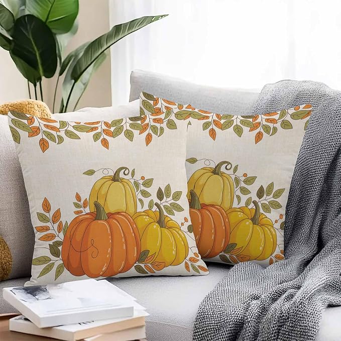 Orange Pumpkins Outdoor Waterproof Pillow Covers, Fall Yellow Leaves Vintage Beige Rustic Decorative Square Throw Pillowcase Sofa Cushion Sham for Patio/Couch/Chair, 20"x20" 2 Pack