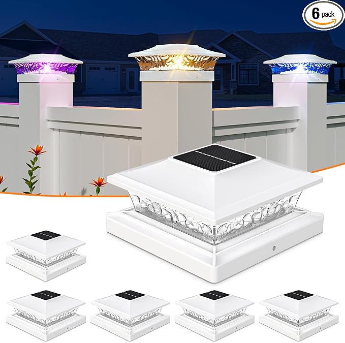 APONUO Solar Post Cap Lights with 8 RGB Solid Colors & Multicolor Flow - 6 Pack Fence Post Solar Lights, IP65 Waterproof - Fits 4x4 5x5 6x6 Wood & Vinyl Posts - White