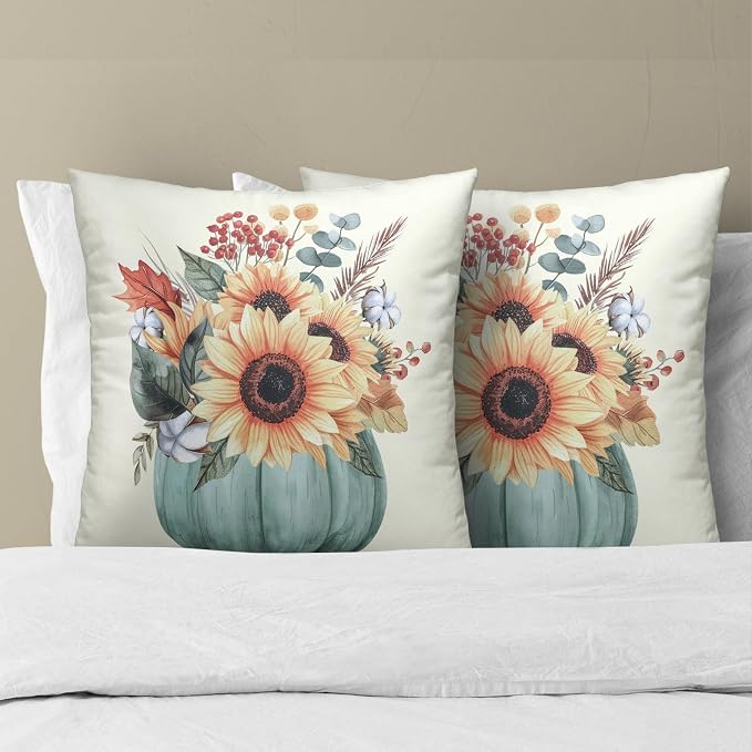 Fall Sunflower Pillow Cover Set of 2, 22x22 Inch Autumn Pumpkin Floral Leaves Harvest Seasonal Farmhouse Sofa Couch Cushion Case for Porch Patio Outdoor Indoor Home Decor