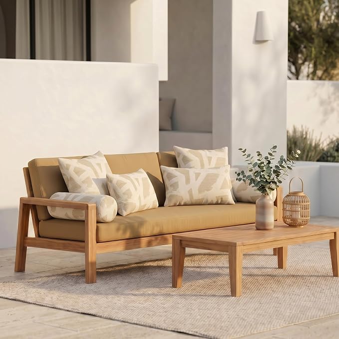 RSH DECOR: 6-Pack Pillow Set | Sunbrella Performance Fabric |Water & Fade-Resistant| 17" Square, 20"x12" Lumbar, 20"x6" Neck Roll | Outdoor Pillows for Patio Furniture | Made in USA (Draft Parchment)
