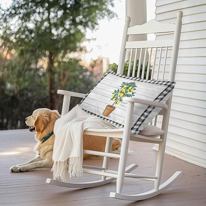 Summer Yellow Lemons Outdoor Waterproof Pillow Covers Set of 2, Green Leaf Botanical Gardens Wood Grain Plaid Pillowcase Decorative Throw Cushion Cases for Patio Garden Couch 20 x 12 Inches