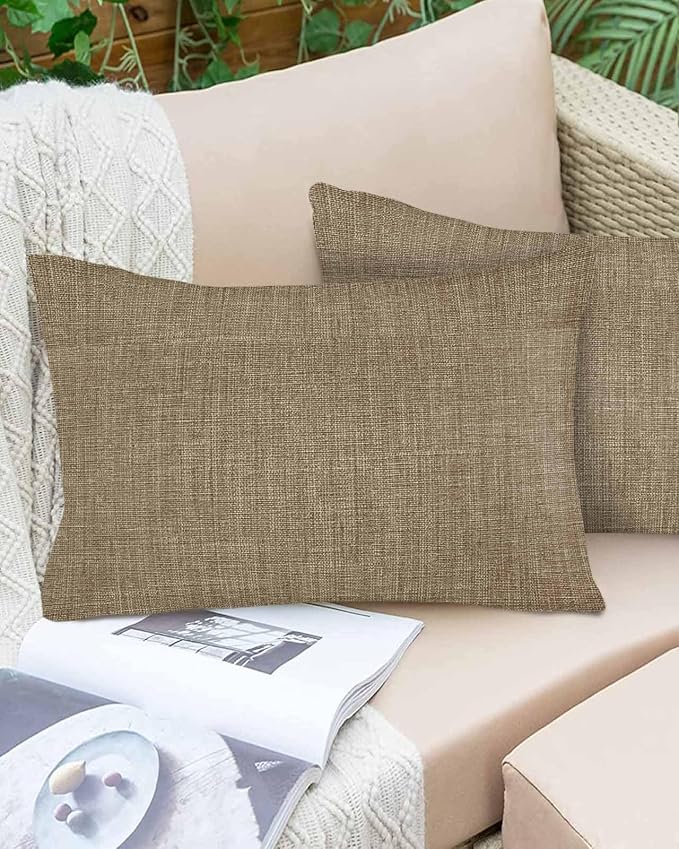Vandarllin Outdoor Throw Pillows Covers 20x12 inch Set of 2 Waterproof Brown Linen Decorative Zippered Cushion Covers for Patio Furniture, Farmhouse Pure Color Lumbar Pillowcases