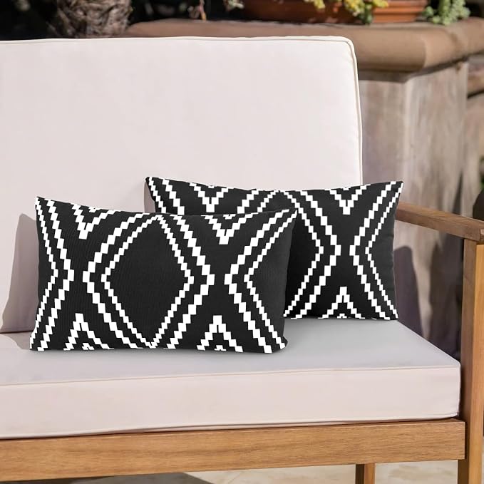 Outdoor Pillow Waterproof Set of 2, Black and White Throw Pillows for Patio Furniture, Outdoor Pillow Covers for Couch, White More (Black&white-01, 12x20 Inch)