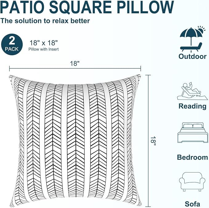 DYTXIII Pack of 2 Waterproof Outdoor Pillow with Inserts, 18x18 Square Patio Decorative Throw Pillow for Home,Sofa,Bench and Patio Furniture,Herringbone Black White
