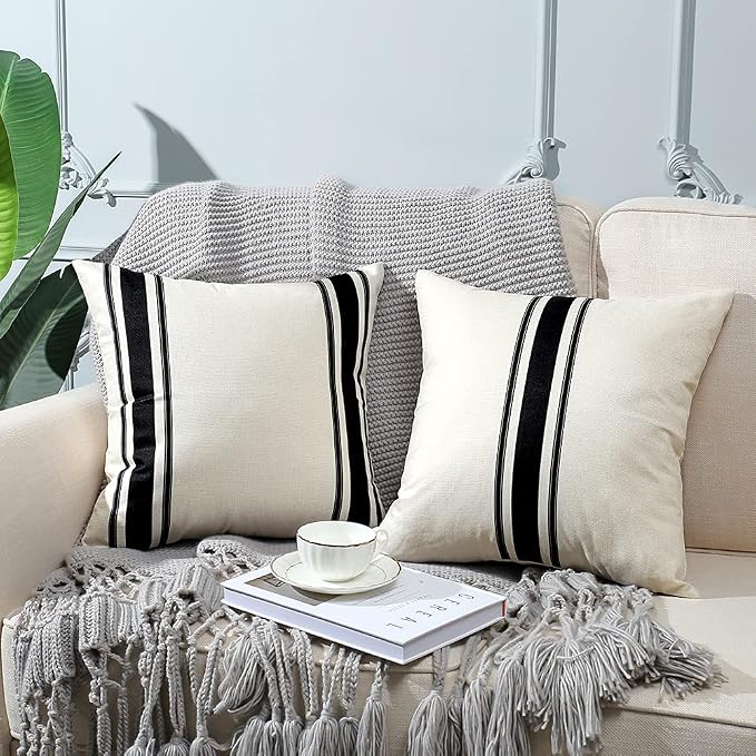 OTOSTAR Pack of 2 Outdoor Waterproof Decorative Pillow Covers 16x16 Inch Linen Geometry Pillowcases Cushion Case Garden Throw Pillow Covers Pillows Shell for Patio Furniture Couch Tent Balcony (Black)