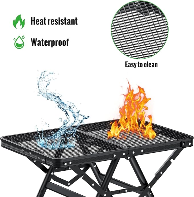 GARLLEN Folding Grill Table Max Capacity 180 lbs, 3 Adjustable Height Camping Table with Heat-Resistant Tabletop, Aluminum Picnic Table with Stable Structure for BBQ, Camping, Outdoor, 23.6"L x 15.7"W