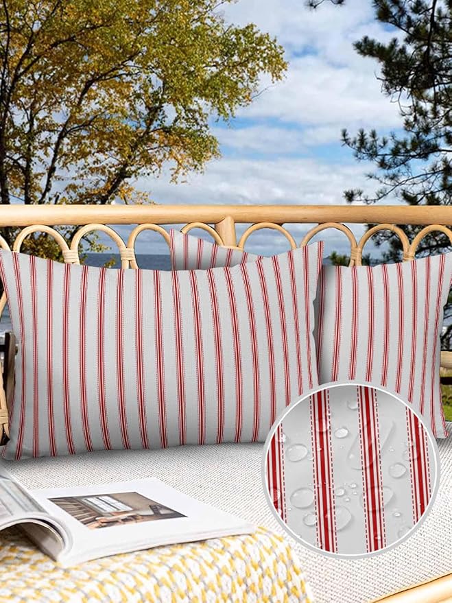 Outdoor Waterproof Throw Pillow Covers Set of 2 Red Stripes Lumbar Pillowcases 20x12 Inches Red Beige Vertical Striped Patio Decorative Pillows Cushion Case Patio Pillows for Couch Bed Chair Garden