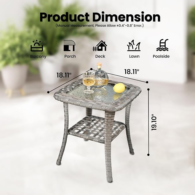 ovios Outdoor Side Table with Tempered Glass Top, Patio Wicker Rattan 2-Tier Storage Coffee End Tables for Porch Deck Balcony Garden Poolside (Light Grey-Small Size)