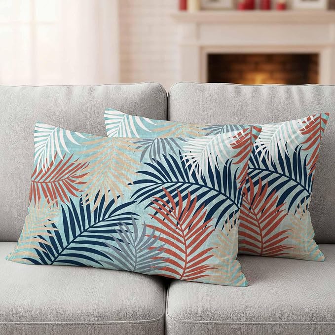 Outdoor Waterproof Throw Pillow Covers, Red Blue Teal Palm Leaves Decorative Pillow Cases, Summer Botanical Tropical Leaf Couch Pillow Protector Patio Sofa Cushion Covers Replacement 20"x12" 2 Pack