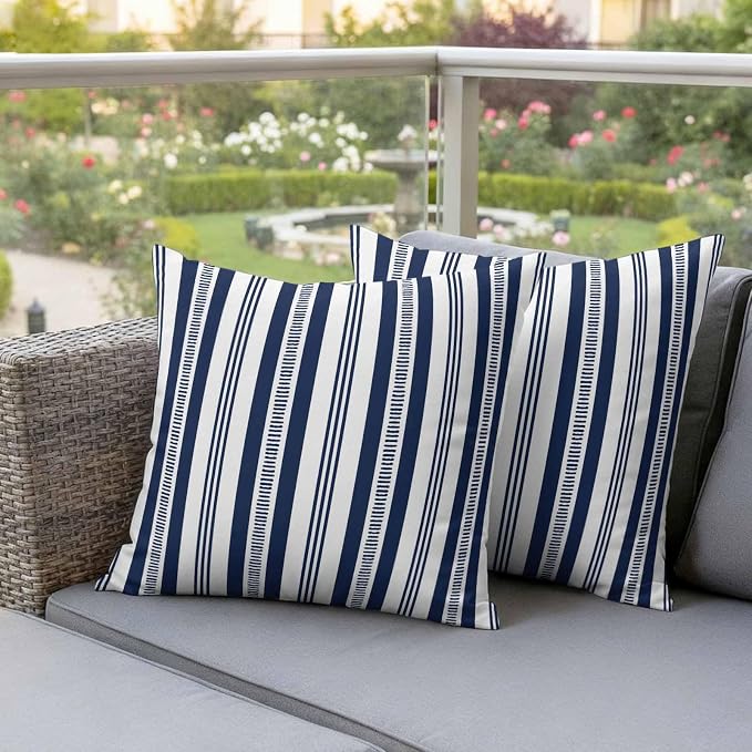 Navy Blue Striped Outdoor Waterproof Pillow Covers, Farmhouse Stripes Modern Geometric Decorative Square Throw Pillowcase Sofa Cushion Sham for Patio/Couch/Chair, 16"x16" 2 Pack