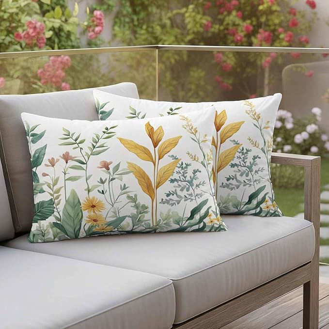 Outdoor Pillow Covers 20x12 Set of 2, Yellow Green Botanical Waterproof Patio Throw Pillow Covers for Couch Sofa Chair, Rustic Watercolor Leaves Decorative Pillowcases for Throw Pillows