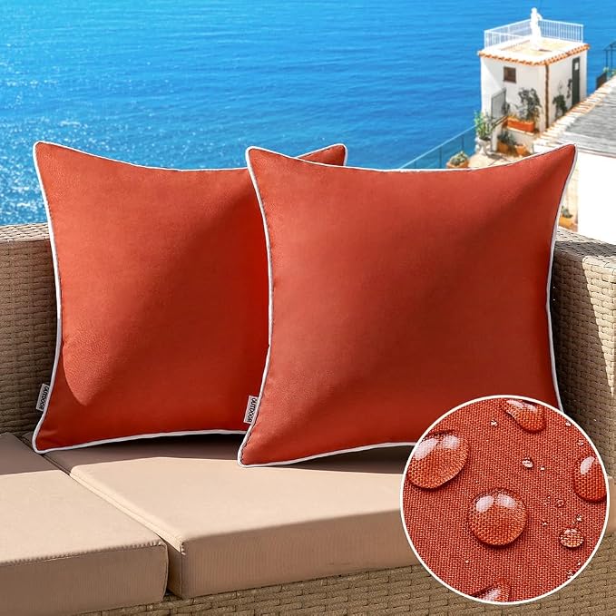 MIULEE Outdoor Waterproof Pillow Covers 16x16 Rust Pack of 2 | Decorative Farmhouse Throw Pillow Covers with Piping,Square Solid Color,Patio Furniture,Summer Couch Tent Sofa Living Room