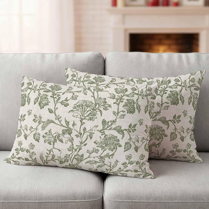 Pastoral Flowers Outdoor Pillow Covers 20"x12" Set of 2, Green Flower Vintage Linen Texture Waterproof Throw Pillow Covers for Patio Furniture, Decorative Cushion Covers for Porch
