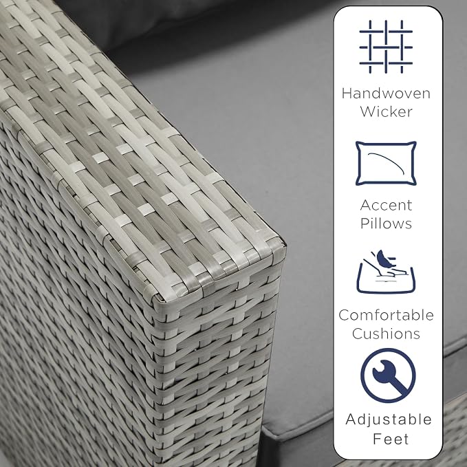 5-Piece Outdoor Patio Furniture Set, PE Rattan Weaving Sofa with Light Grey Cushions and Steel Frame, Coffe Table Included, Outdoor Conversation Set Grey