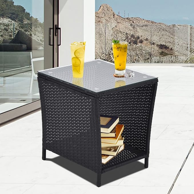 Patio Wicker Storage Side Table,Outdoor PE Rattan Woven Coffee End Table with Tempered Glass Top for Indoor Outdoor Porch Lawn Poolside Garden Backyard Balcony(Black)
