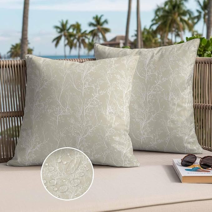 Beige Branches Waterproof Outdoor Pillow Covers Set of 2 Home Decor, Abstract Art Leaves Plant Pillowcase Patio Pillow Covers for Couch Bench Patio Furniture Garden 16x16in