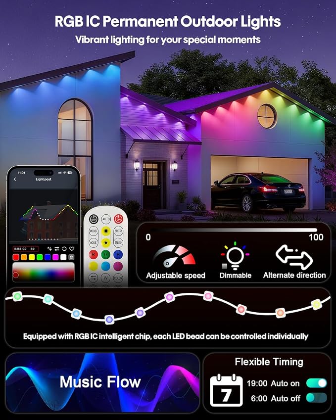 Super RGB Permanent Outdoor Lights 100FT, Smart RGB+IC Eave Lights with Remote APP Control, DIY LED Color Individual, White & Colorful Christmas String Light, IP67 Waterproof for House Outside Decor