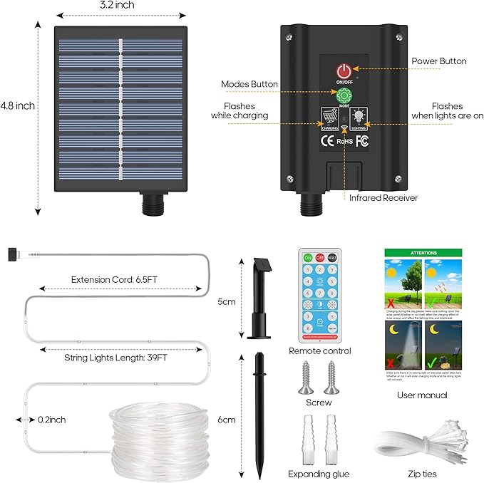ICRGB Solar Pool Lights, 66FT 200LED 1800mAh Solar Rope Lights (Blue) | Type C & Solar, With Remote, Waterproof, Timing, 8 Modes, for Above Ground Pool Garden Patio Fence Walkway Christmas