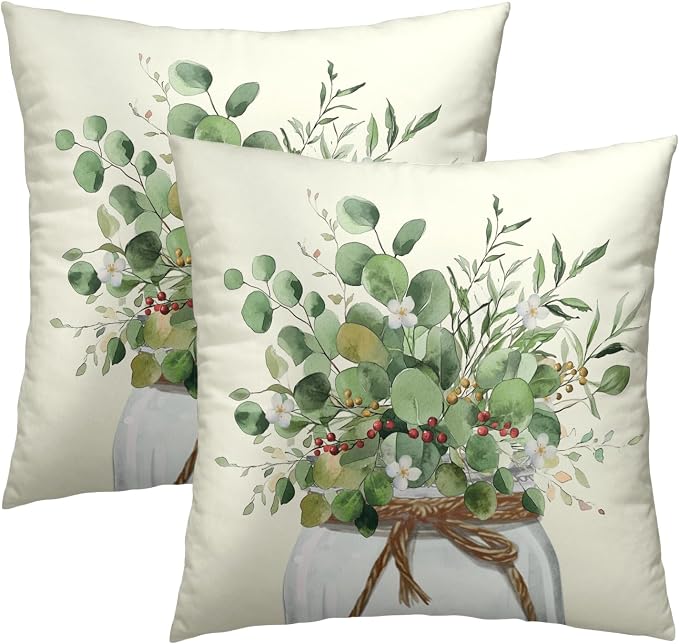 Eucalyptus Leaves Throw Pillow Covers 16x16, 2Pcs Green Leaf Plant Floral Mason Jar Decorative Pillow Cases Soft Cotton Square Cushion Cover for Bed Sofa Spring Season Home Decor