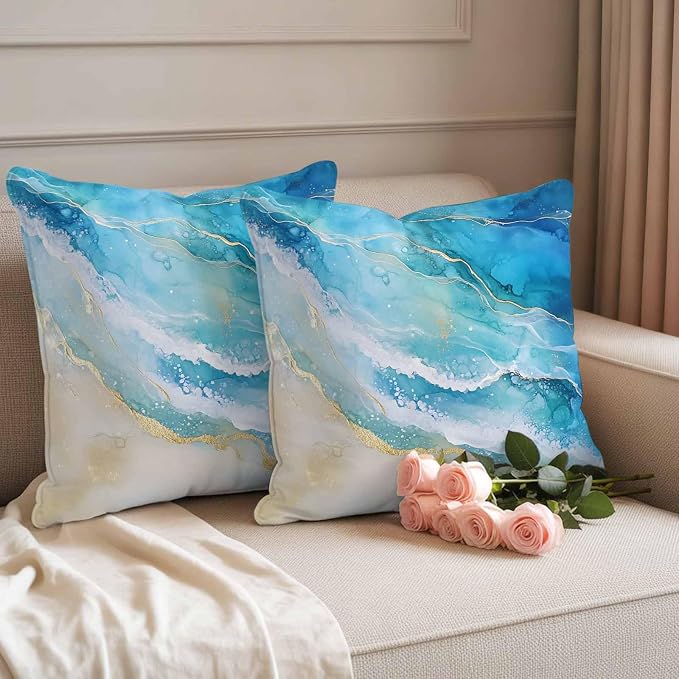 Abstract Waves Outdoor Waterproof Throw Pillow Covers Set of 2, 26"x26", Surrealism Spray Beach Ocean Watercolor Decorative Pillow Covers Outside Cushion Case for Patio Porch Garden