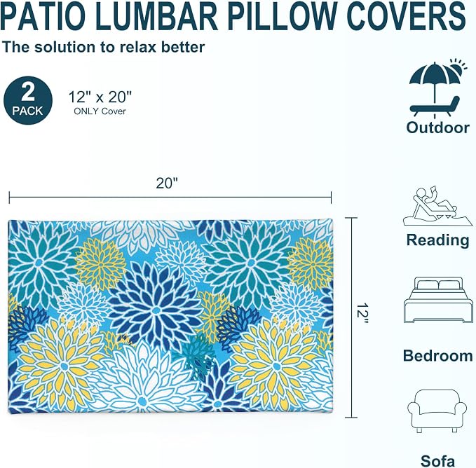 DYTXIII Pack of 2 Outdoor Waterproof Lumbar Pillow Covers ONLY, 12x20 Rectangle Decorative Double Printed Pillow Cases for Patio Couch Porch Furniture - Dahlia Blue