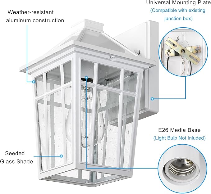 Darkaway Outdoor Sconce Lights Wall Light Fixtures, Front Porch Light Outdoor Wall Anti-Rust Waterproof Aluminum with Glass Exterior Light Fixture for Patio, Yard, Doorway, Garage(1 Pack, White)