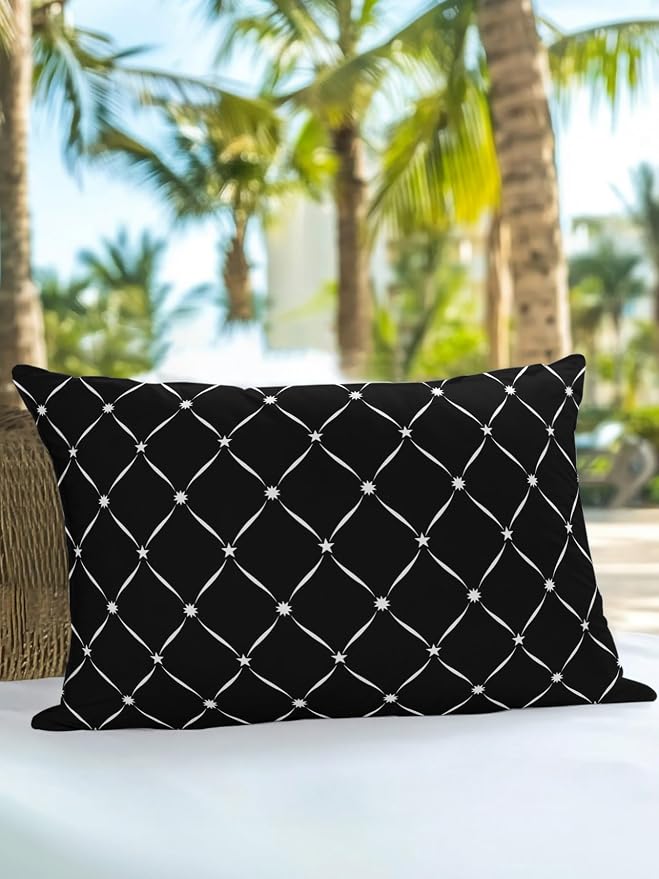 Vandarllin Waterproof Outdoor Pillow 1 Pack Black Grid Plaid Decorative Throw Pillows Cover & Insert 20x12 Inch Lumbar Pillowcase Diagonally Crossed Lines Pillows for Couch Sofa Bed Patio Furniture