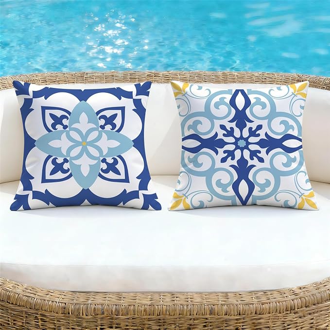 NIGHTWISH Outdoor Waterproof Pillow Covers 20x20 Set of 4 Blue Boho Decorative Outdoor Throw Pillows Floral Cushion Cases for Patio Furniture Bench Couch Sunbrella