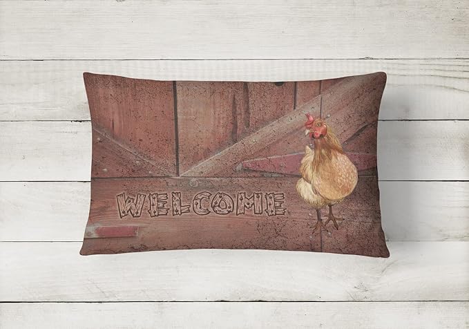 Caroline's Treasures SB3075PW1216 Welcome Chicken Canvas Fabric Decorative Pillow 100% Machine Washable Pillow, Indoor or Outdoor Decorative Throw Pillow for Couch, Bed or Patio