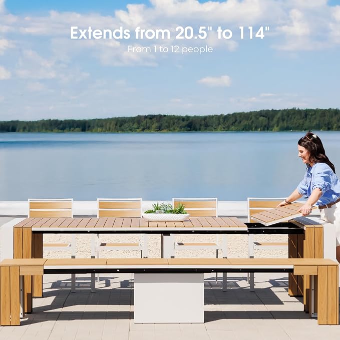 Transformer Table - Extendable Outdoor Dining Set up to 12, Expandable Patio Table, Weather-Resistant Patio Furniture, Light Oak, Natural (Table + Bench + 4 Chairs)