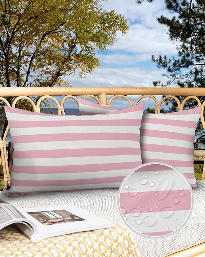 Lumbar Throw Pillow Covers 12x20 Outdoor Waterproof Pillow Covers for Patio Furniture Pink and White Stripes Throw Pillow Cover Solid Striped Pillowcases Set of 2 Cushion Case for Sofa Couch Chair