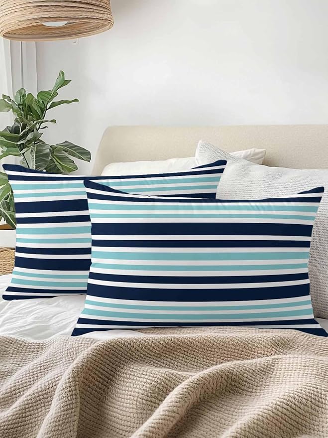 Outdoor Waterproof Throw Pillows Nautical Navy Blue Contrast Stripe Patio Pillows Pack of 2,Decorative Pillow Covers with Insert,Pillow Cushion Case for Garden Couch Sofa Modern Minimalist Line