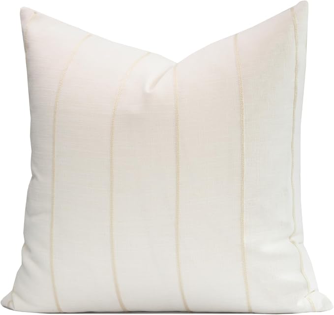 Modern Farmhouse Fall Linen Indoor Outdoor Throw Pillow Cover Only, 22"x22" Water Repellent for Patio, Backyard, Couch, Neutral Beige Vertical Stripes