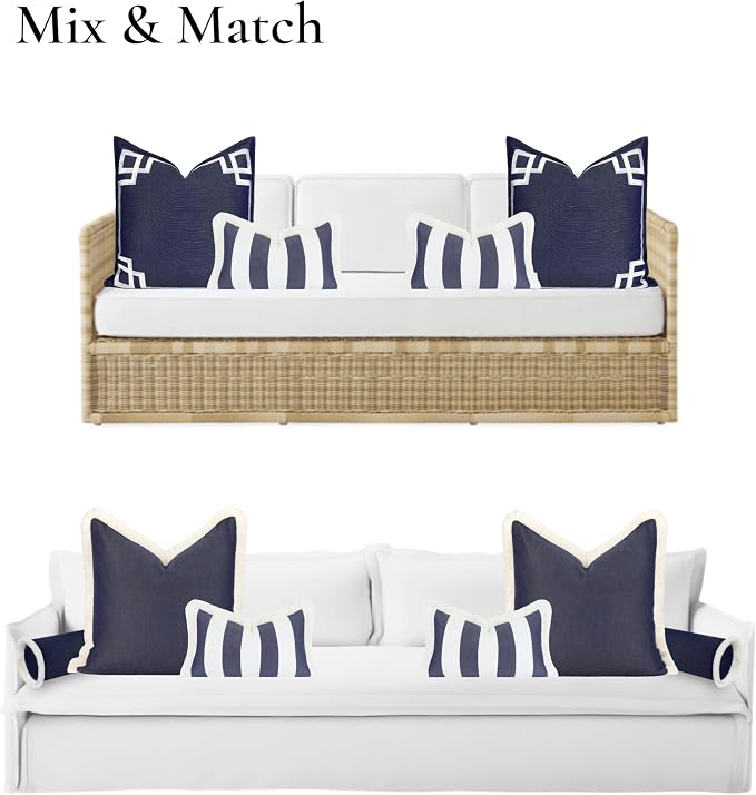 Hofdeco Premium Coastal Hampton Outdoor Performance Lumbar Pillow Cover Only, 12"x20" Water Repellent, UV and Fade Resistant for Backyard, Couch, Poolside, Indigo Blue Woven Beach Stripes