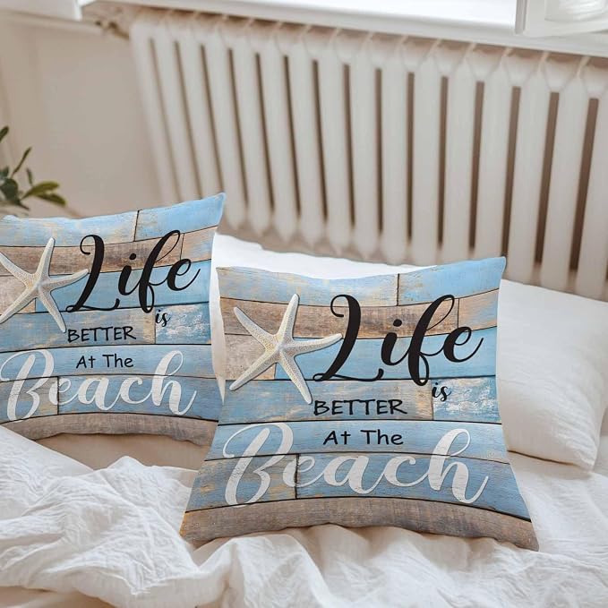 Summer Outdoor Pillow Covers Set of 2,Ocean Life Texts Starfish Decorative Waterproof Throw Pillow Case,Retro Blue Wood Plank Cushion Pillowcases for Couch Garden Patio Beach,18x18In