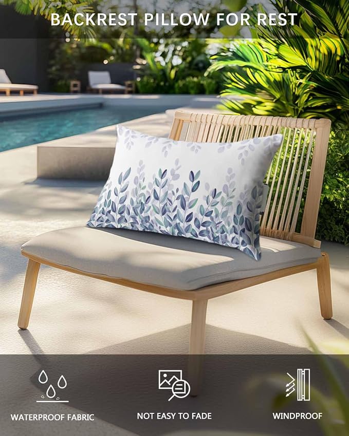 Outdoor Pillows Waterproof Covers Set of 2, Blue Eucalyptus Leaf Adjustable Elastic Chaise Lounge Headrest Pillow Covers, Spring Watercolor Leaves Lumbar Pillow for Pool Patio Furniture 11x16 Inch