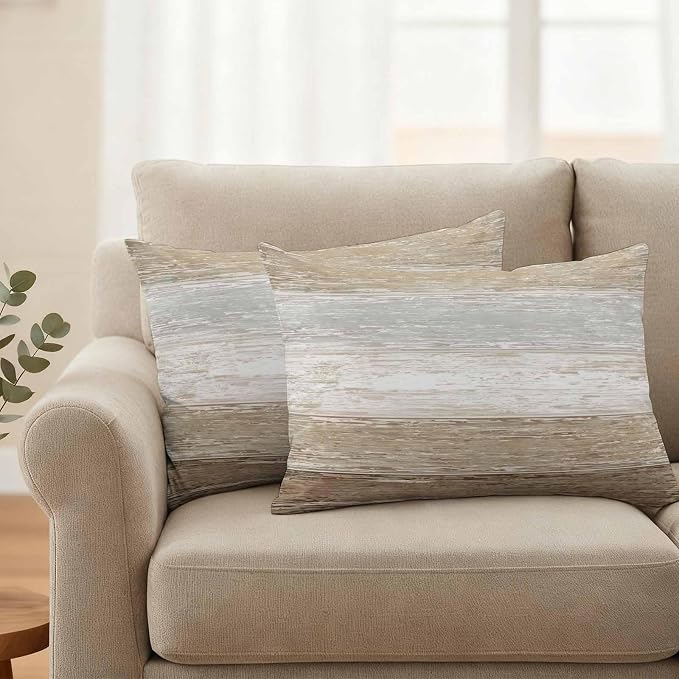 Outdoor Waterproof Throw Pillow Covers, Vintage Brown Grey Decorative Pillow Cases, Farmhouse Barn Wooden Striped Couch Pillow Protector Patio Sofa Cushion Covers Replacement 20"x12" 2 Pack