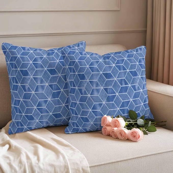 Blue Honeycomb Tiling Waterproof Outdoor Pillow Covers Set of 2 Home Decor, Wooden Grain Blocks Pillowcase Patio Pillow Covers for Couch Bench Patio Furniture Garden 26x26in