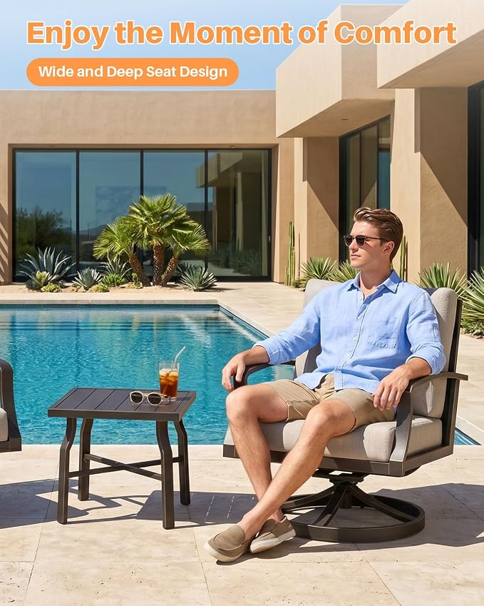 3-Piece Patio Furniture Set, Never-Rust Aluminum Swivel Patio Sofa Set with 2 Swivel Armchairs and Side Table, Patio Conversation Set with Cushions for Porch, Backyard, Poolside, Dark Bronze