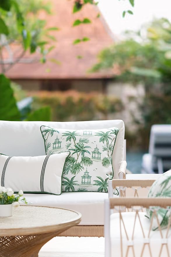 Hofdeco Premium Coastal Patio Indoor Outdoor Lumbar Pillow Cover Only, 12"x20" Water Resistant for Backyard, Couch, Green Embroidered Vertical Line