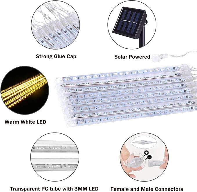 JMEXSUSS 2 Pack Warm White Solar Meteor Shower Lights | 16 Tube 288 LED Meteor Christmas Lights, Solar Christmas Lights Outdoor Waterproof for Tree Christmas Decorations