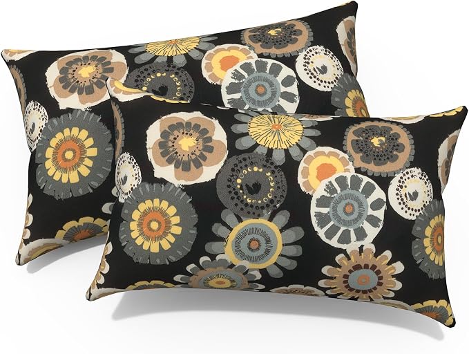 Pack of 2 Outdoor Lumbar Pillow Covers, All Weather Cushion Pillow Cases 12x20 Inch, Pillowcase for Patio Couch Decoration, Black Yellow Crosby