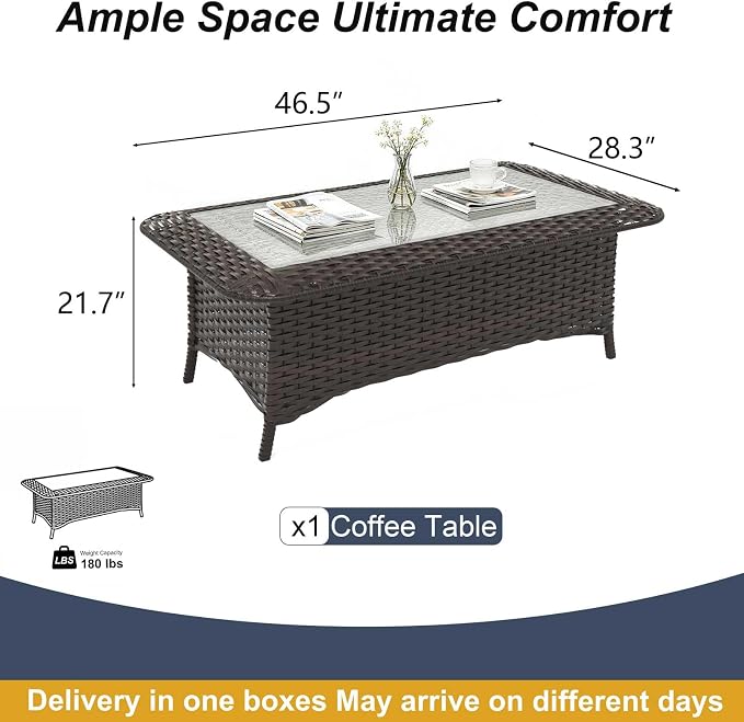 Outdoor Coffee Table with Tempered Glass Top, Wicker Patio Coffee Table Compatible with Patio Furniture Sets for Porch, Deck, Backyard, Brown