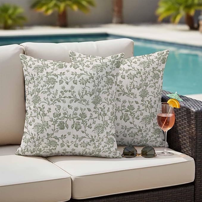 Pastoral Flowers Outdoor Pillow Covers 26"x26" Set of 2, Green Flower Vintage Linen Texture Waterproof Throw Pillow Covers for Patio Furniture, Decorative Cushion Covers for Porch