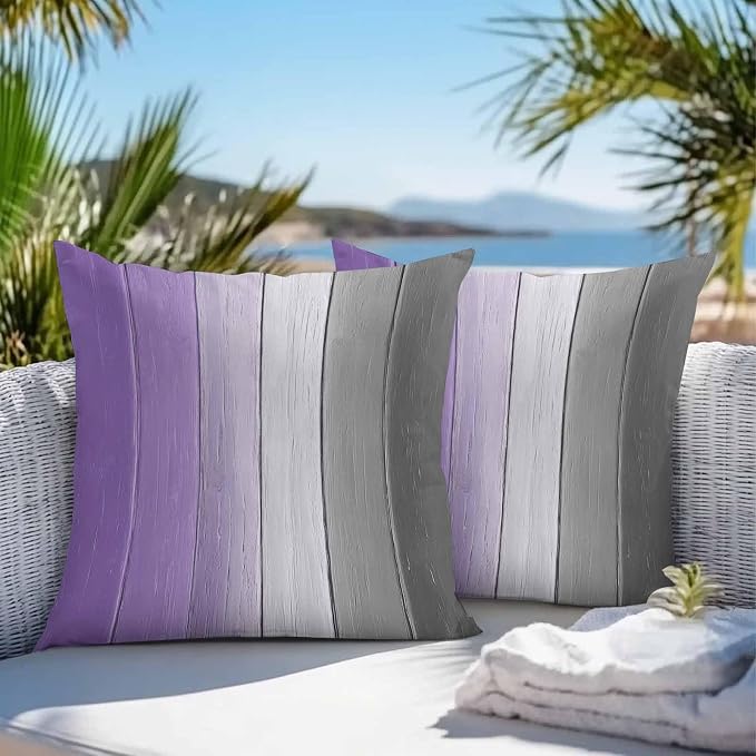 Throw Pillow Covers 18x18 Inch Set of 2, Purple Gray Ombre Waterproof Outdoor Cushion Covers, Vintage Country Wooden Decorative Pillowcases for Couch, Sofa, Bed, Garden, Patio