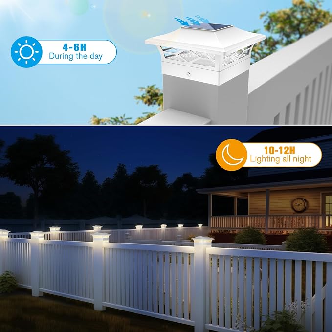 JOFIOS Solar Fence Post Lights, Cap Lights for 4x4/5x5 Vinyl Fence and 4x4/6x6 Wooden Post, Warm White/Cool White Lighting, White Solar Cap Outdoor Waterproof Decorate Garden Pathway Dcek Patio