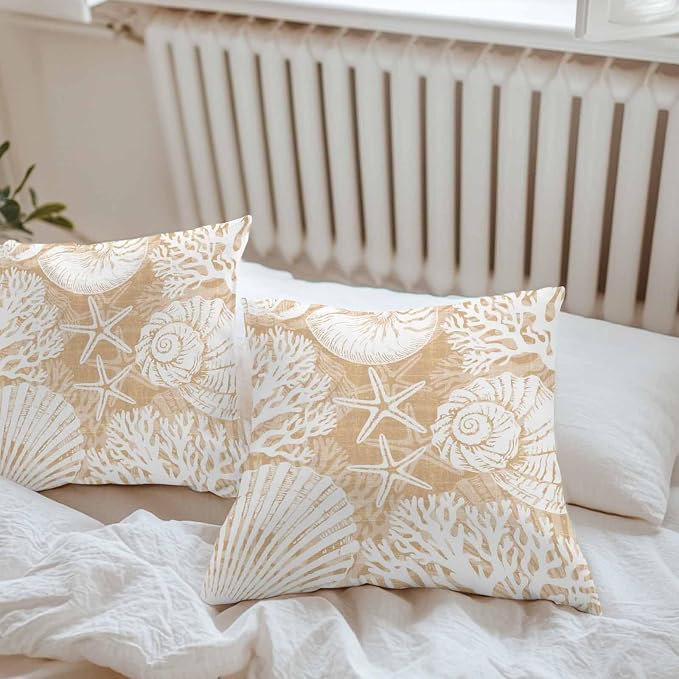 Outdoor Pillow Covers 16x16 Inch Set of 2, Light Brown Starfish Coastal Waterproof Throw Pillow Covers, Summer Coral Shell Beach Nautical Decorative Cushion Pillowcases for Couch Sofa Bed Garden Patio